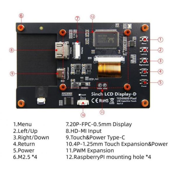 YBC050PKH-Q2 5 Inch 1024×600 HDMI LCD Display with 5-Point Capacitive Touch for Raspberry Pi