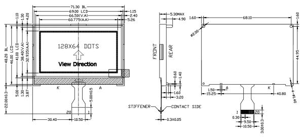 Módulo de pantalla LCD gráfica 128x64 con ciclo de trabajo 1/65, polarización 1/9 y modo FSTN transmisivo positivo