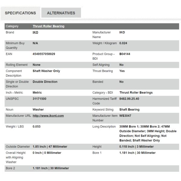 IKO Thrust Roller Bearings WS3047 , Inner Ring