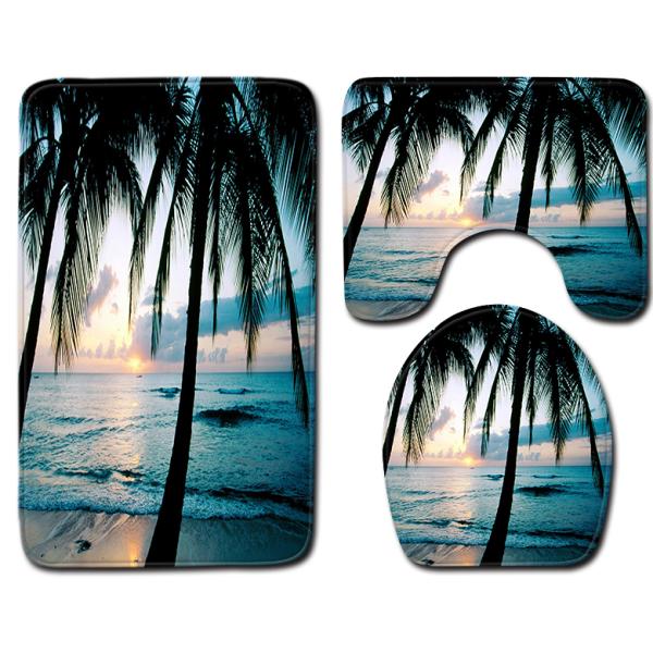 Washable 3 Piece Toilet Mat Set Sea And Sand Beach Scene Bath Mat