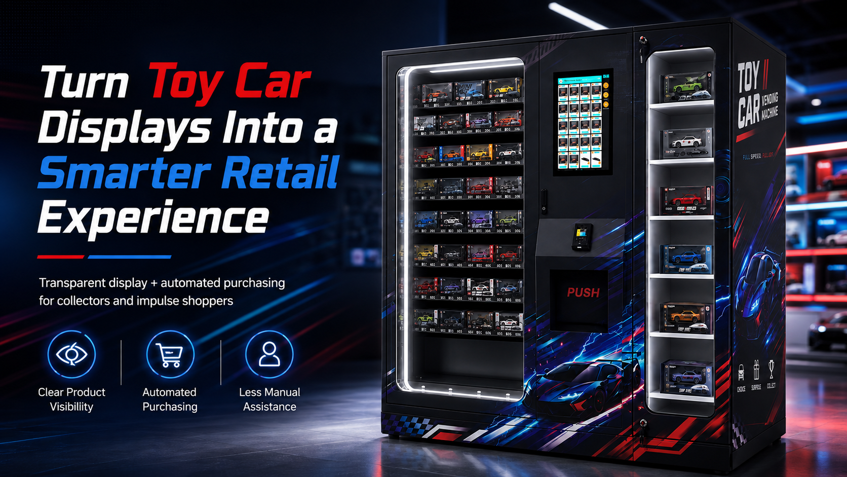 Toy Vending Machine with Transparent Display Cabinet for Automated Toy Car Sales and Enhanced Retail Experience