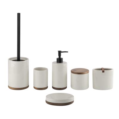 Acessórios de banheiro em cerâmica de forma redonda com base de madeira dispensador de sabão cerâmico de cor creme