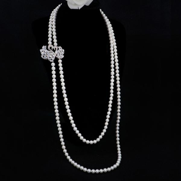White 8mm Shell Pearl Double Strands Sweater Necklace with Cubic Zirocnia Swan Charm (SN702143SWAN)