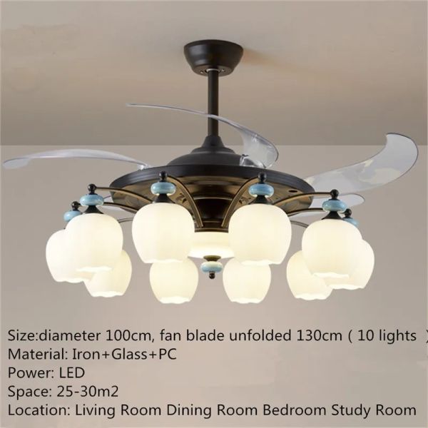Retractable Blade Modern Folding Fan Light Remote Control Chandelier LED Invisible Ceiling Fan Crystal Light (WH-VLL-29)