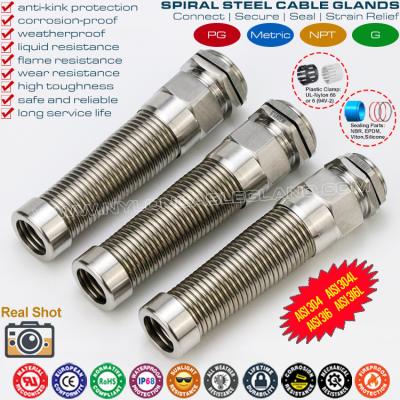 AISI316L, AISI316, AISI304 Stainless Steel Metal PG Flexible Cable Gland (IP68) with Additional Spiral Strain Relief