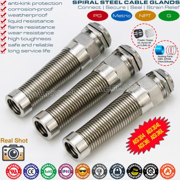 AISI 316L, AISI 316, AISI 304 Stainless Steel Metal PG Flexible Cable Gland (IP68) with Additional Spiral Strain Relief,