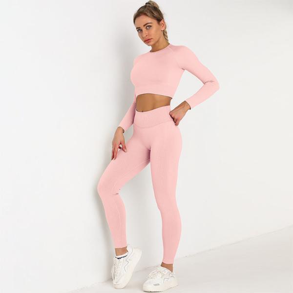 Фиолетовый бесшовный комплект одежды для йоги с высокой талией и ребристым длинным рукавом