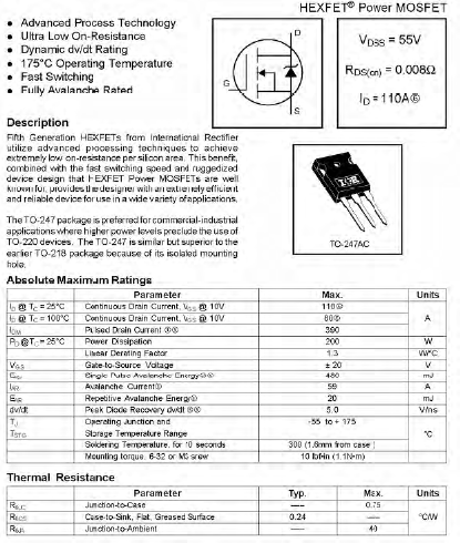 IRFP064NPBF N-Channel Mosfet 55V 98A 8mOhm 113.3nCAC TO-247-3