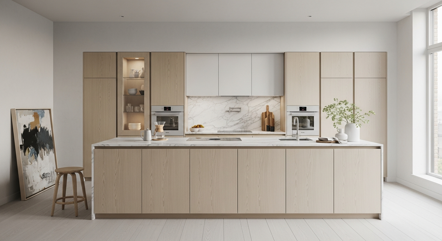 Pale Oak Veneer Kitchen Cabinets in 304 Stainless Steel