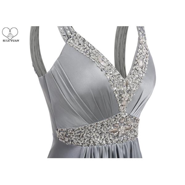 Back Bandage Grey A Line Dress / V Neck Long Silver Beaded Prom Dress Sleeveless