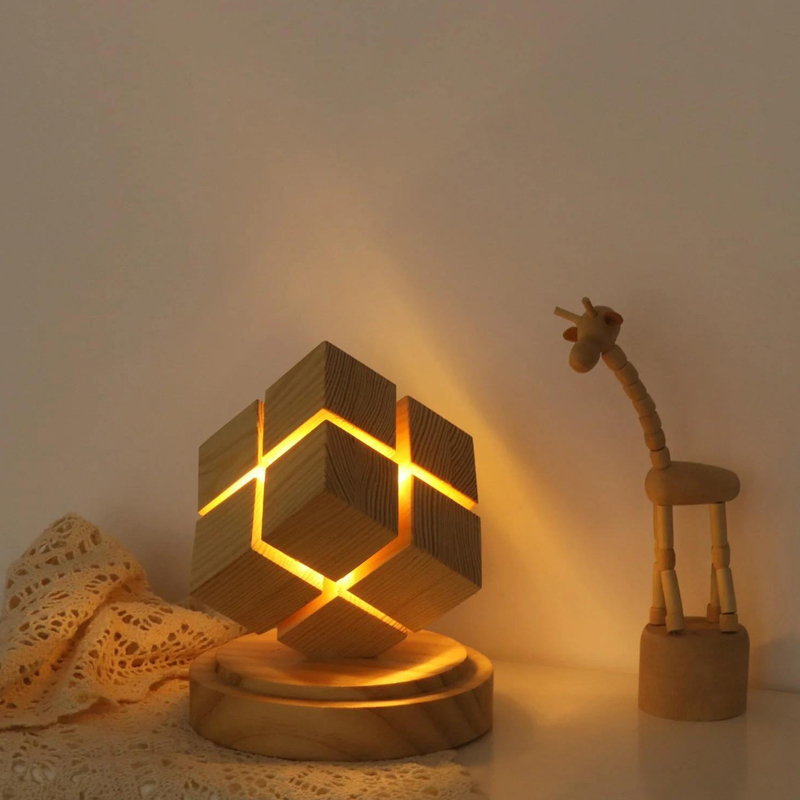 Wooden LED Cube Table Lamp USB Dimmable Rechargeable Desk Lamp Creative Geometric Night Lights for Bedroom Decor Accent Lighting