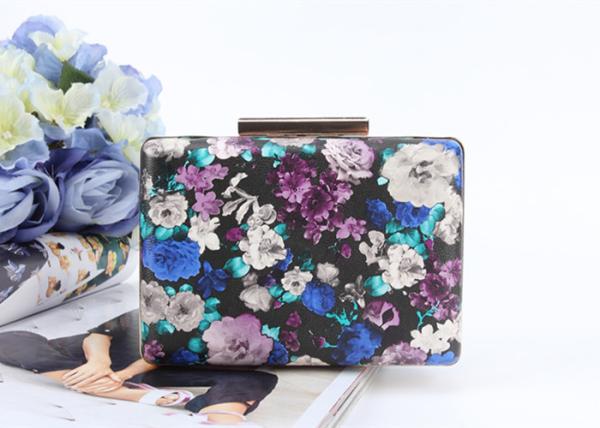Flowers painting printed surface pu metal frame rectangle shaped pu clutch bag for women