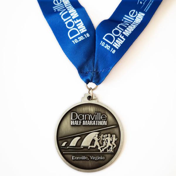 Antique Silver Finish Round Marathon Zinc Alloy Medal With Sublimation Ribbon
