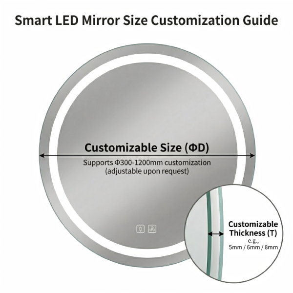 Kingstin Smart Round LED Bathroom Mirror, Frameless Vanity Mirror, 3-Color Light, Anti-Fog, Custom Size, Bluetooth