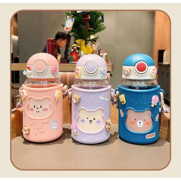 620ml Portable 3D Sticker Plastic Water Bottle Cute Bear Design for Kids and Students