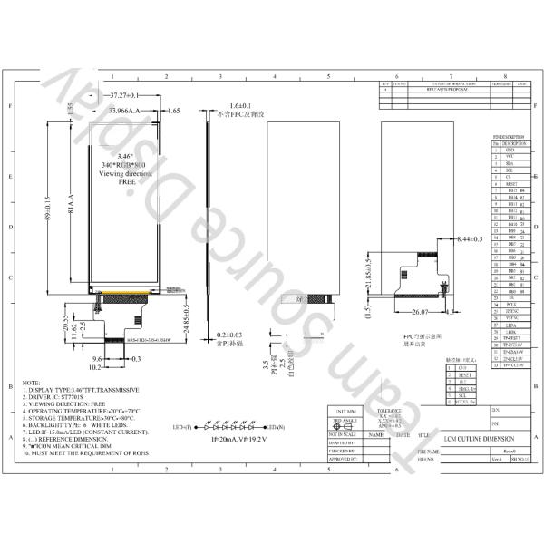 панель LCD модуля дисплея 3.5in 340x800 330nits ST7701S RGB TFT LCD