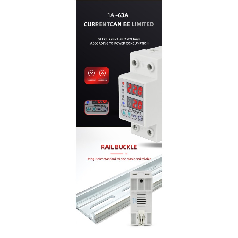 Single Din Rail 63A 40A Dual LED Display Voltage Protector Adjustable Over Under Voltage Protective Relay for Single Phase