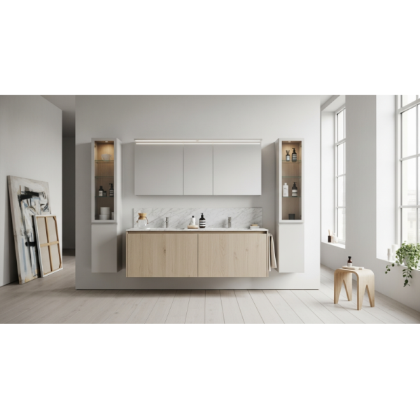 Gallery Pale Oak Wall-Mounted Vanity in 304 Stainless Steel with Quarter-Sawn European White Oak Veneer and Ultra-Matte Finish