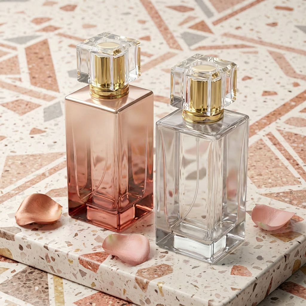 Empty Glass Perfume Bottles 100ml Spray Rectangle Acrylic Cap Crimp Neck