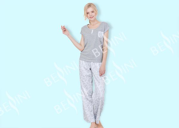 Spring Summer Grey Womens Pyjama Sets With Woven Viscose Cotton Printed Long Pants