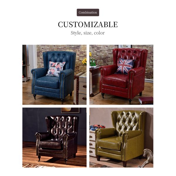 Nidea #8816 Luxury Leisure Antique Armchair Chesterfield Vintage Tan Leather Buttons Tufted Wingback Chair for  Lounge