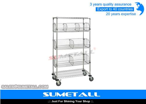 Industrial Metal Rolling Wire Shelves / Chrome Shelving Racks With Wheels