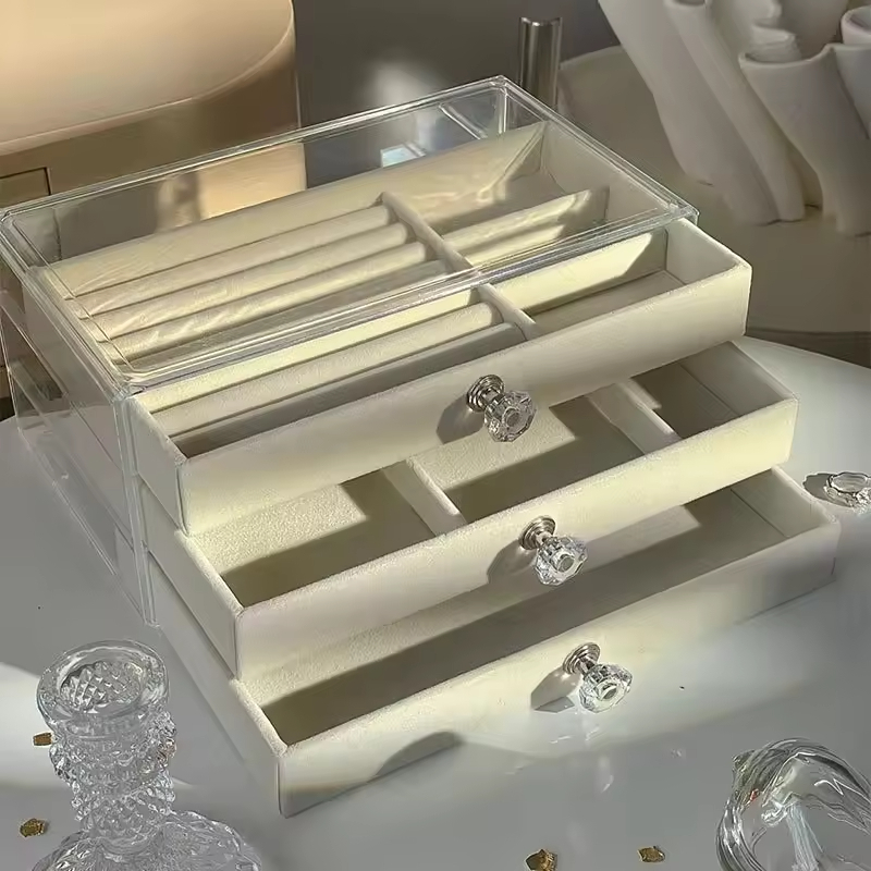 Hot Selling Retro Fashion Artwork Gray Velvet Transparent Acrylic Drawer Accessories Earrings Rings Storage Box