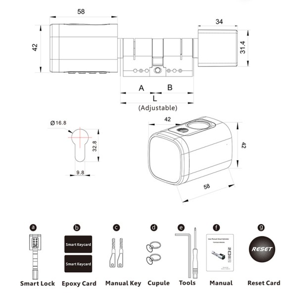 Yagu Easy Installation Tuya App Adjustable Fingerprint Code Key Smart Door Cylinder Lock Fingerprint Passcode Smart Lock