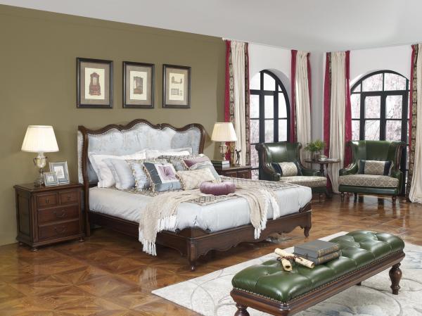 American Western design style Villa Bedroom furniture Fabric Headboard Screen Wood Bed with Leather Bench and  Armchair