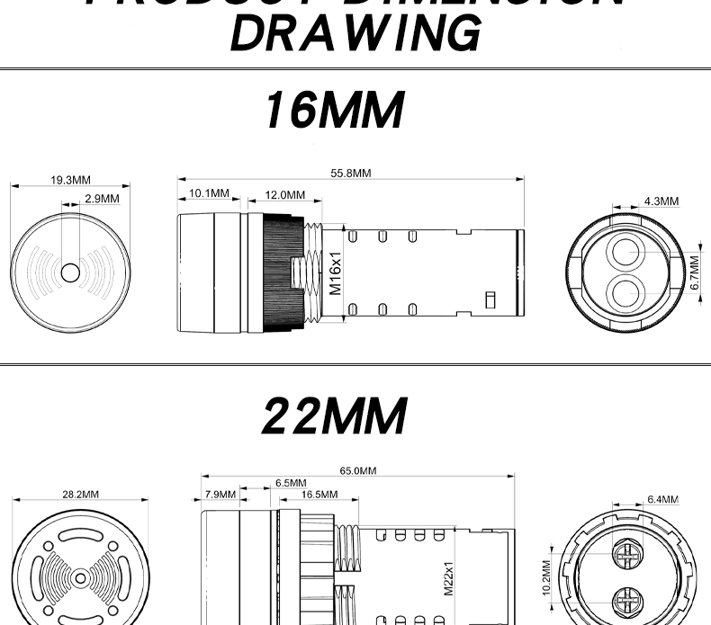 Acousto-Visual Alarm LED Buzzer Switches 16mm & 22mm Push Buttons with Loud Intermittent Light Max. 20A Current IP65 Level
