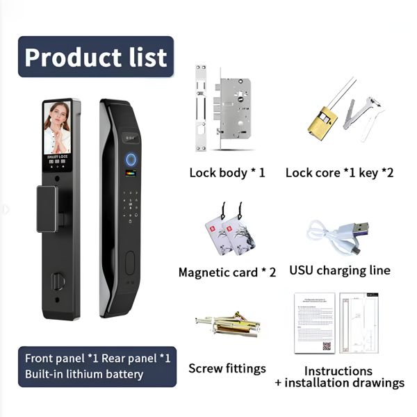 Fully Automatic Durable Aluminum Alloy Smart Door Lock TUYA WIFI Face 3D Recognition Key Fingerprint Biometric Cat Eye Security