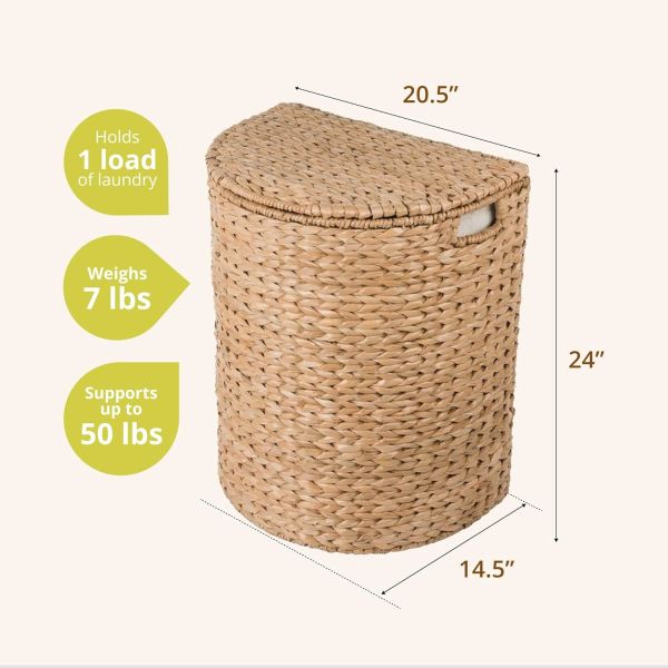 Wicker Waste Basket - Water Hyacinth Bathroom Garbage Can With A Lid - Bathroom Trash Can Boho Style - Wicker Trash Can With Lid For Household, Kitchen - Removable Liner, Iron Frame
