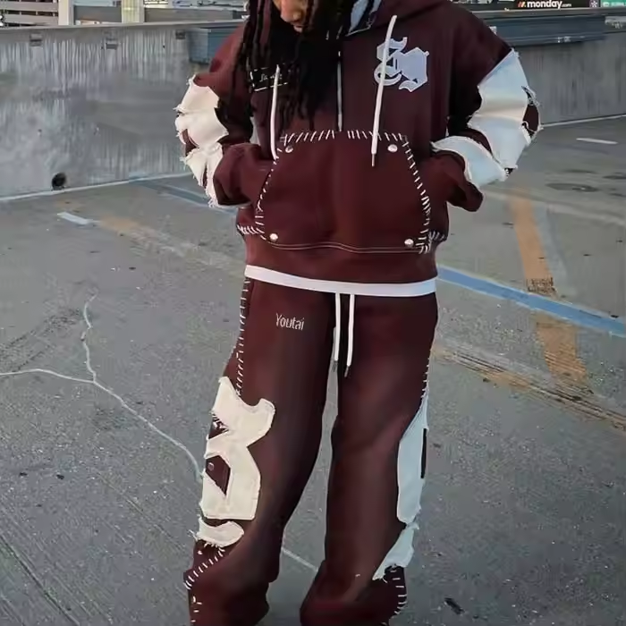 2025 Custom Reverse Embroidery Half Zipper Streetwear Tracksuit Pullover Acid Wash Distressed Flared Sweatpants and Hoodie Set