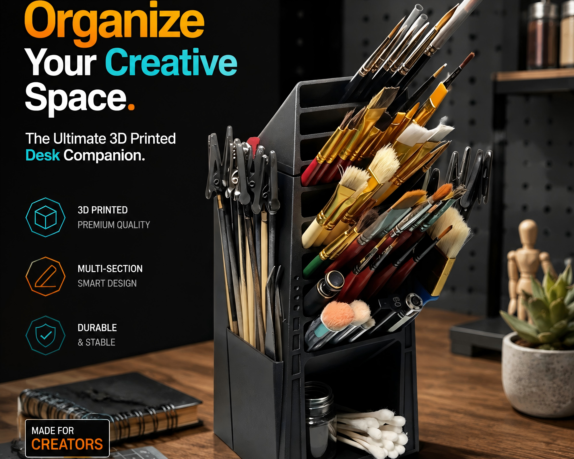 Matte Black 3D Printed Office Supplies Desktop Multi Compartment Pen Holder
