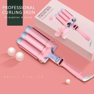 Pink PTC 3 Barrel Curling Iron Wand With LCD Temperature Dual Voltage Hair