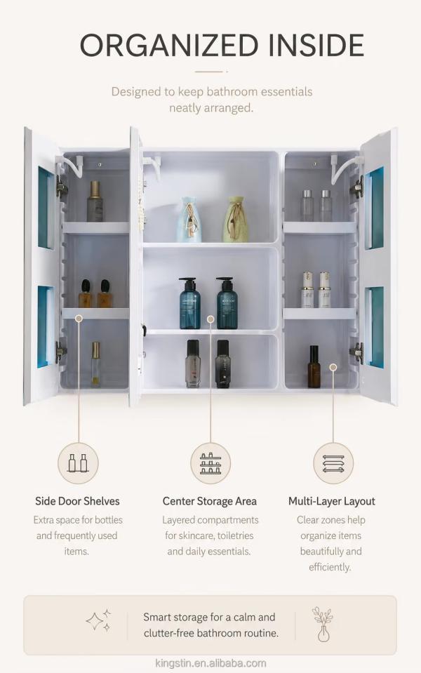 Kingstin Custom ABS LED Bathroom Mirror Cabinet with Storage for Hotels and Homes, 3 Color Temperatures and 5 Flexible Options