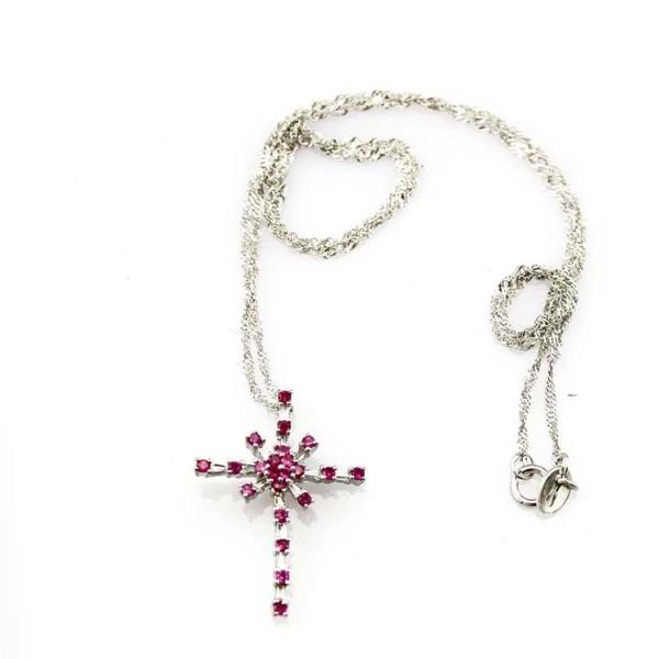 Women Jewelry 925 Silver  Pink Cubic Zirconia Cross Pendant Necklace  (P37)