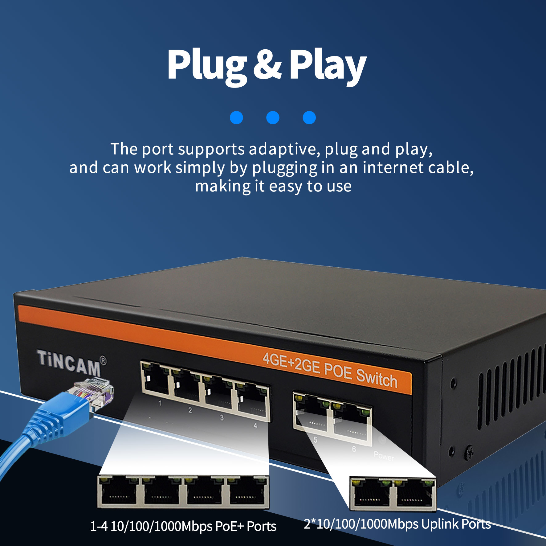 4-Port Gigabit PoE Switch with 2 Gigabit Uplink Ports IEEE 802.3af/at 30W per Port 65W Built-in Power Supply TBC-PS5106N