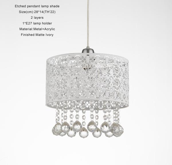 OEM ODM Matt Ivory Metal Etched Pendant Light With Clear Water Drop Bead