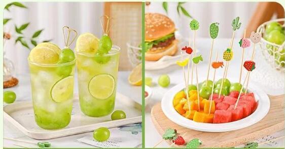 Multi Color Disposable Biodegradable 12 Cm Natural Bamboo Fruit Fork Cocktail Sticks