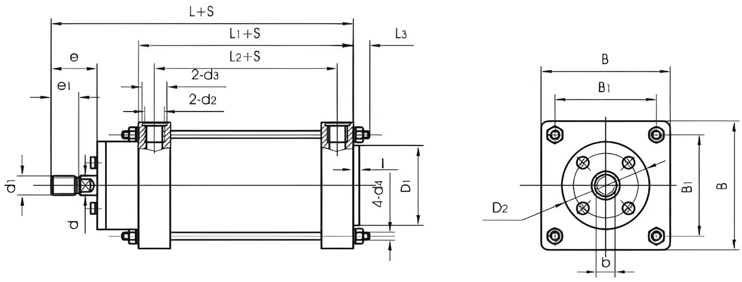 QGA QGB Big Bore Air Cylinder 32 to 400 with Cushion and CA CB TC Flange