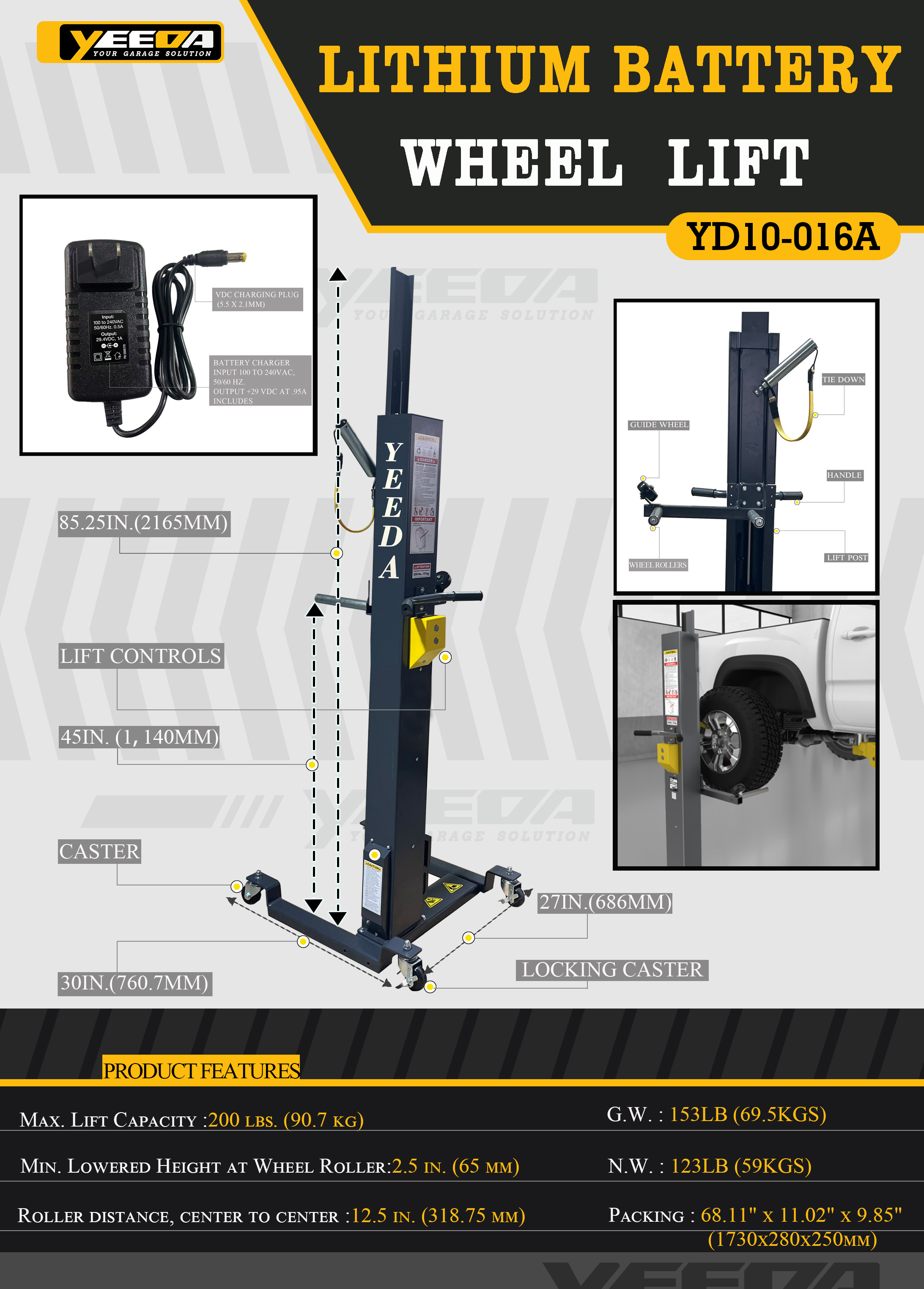 200LB Lift Capacity Lithium Battery Wheel Lift with Locking Caster Base for Garage Wheel Handling