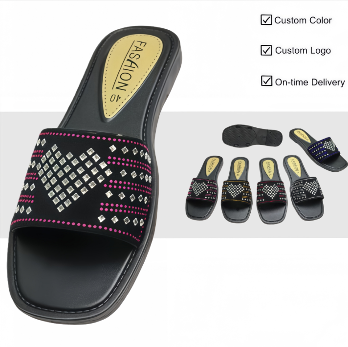 Factory Direct PVC Women Rhinestone Slides Wholesale Fashion Flat Sandals