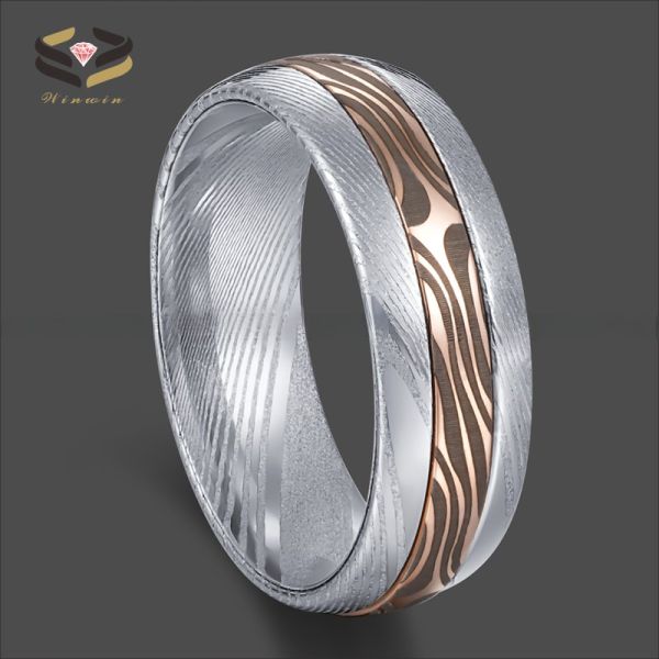 Damascus Steel Jewelry Main Material 8mm Lasered Rose Gold Mokume Gane Inlay Wedding Band for Unisex