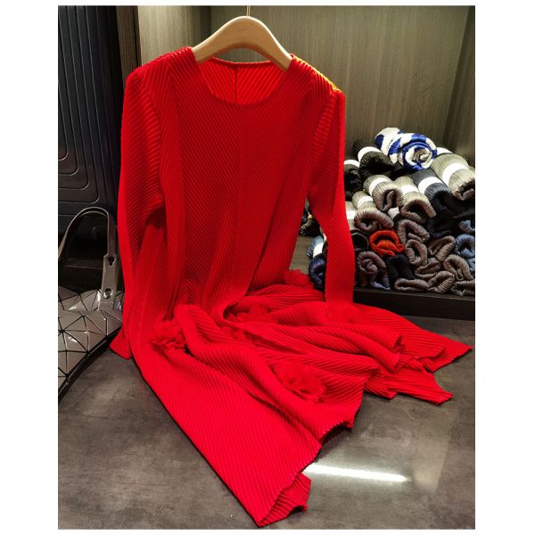 High-end 3d Flower Round Neck Long Sleeve Pleated Plus Size Women's Dresses