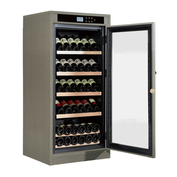 Gray Wood Finish Kitchen Wine Cooler Cabinet with Digital Temperature Control and LED Interior Lighting