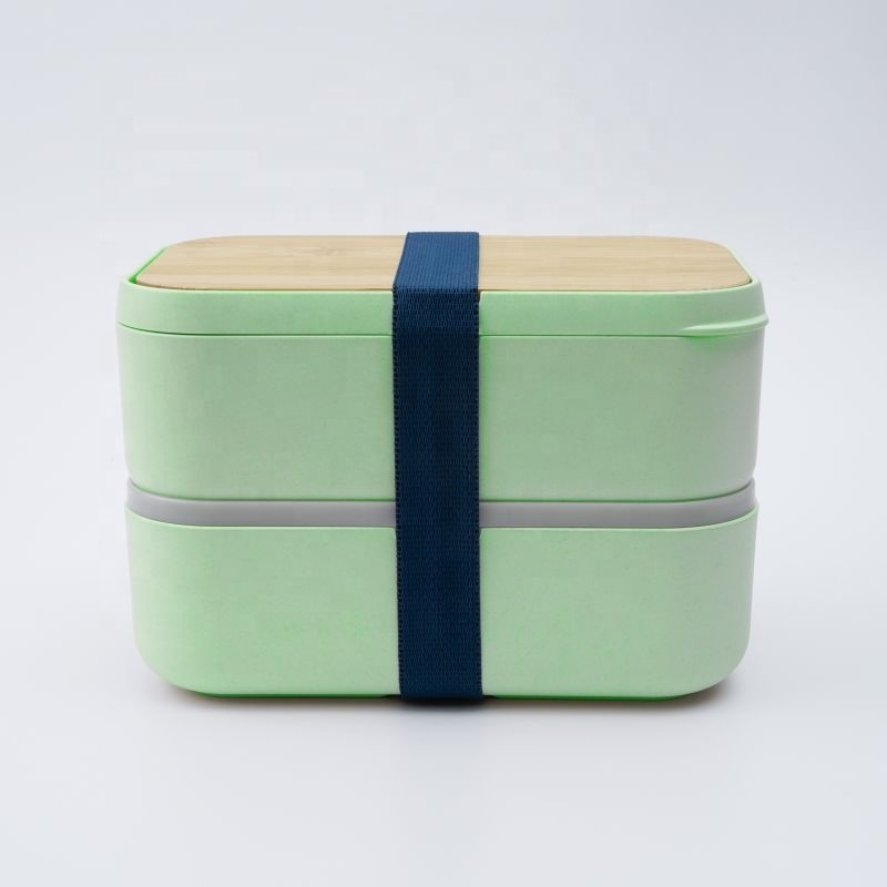 2-Layer BPA Free Food Grade Bamboo Lid Takeaway Custom Bento Lunch Box with Cutlery and Sauce Packet Space