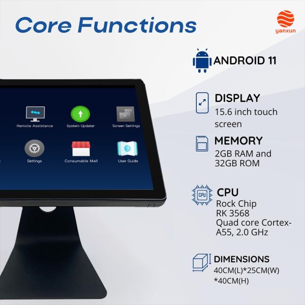 15.6” 10-Point Touch POS Machine  Windows 11 Pro/Android 11, Core i5/2GB RAM, 128GB/32GB Storage, Multi-Port Connectivity for Retail & Hospitality