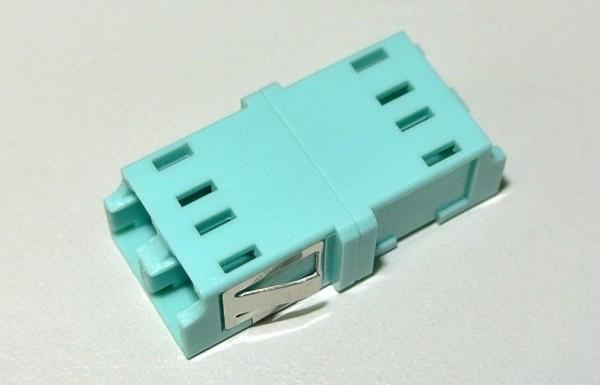 Fiber optic LC duplex DX adapter with top windows OM3/OM4 Aqua with short flange