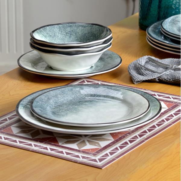 Green 12 Piece Melamine Dinnerware Set For Outdoor Indoor Use